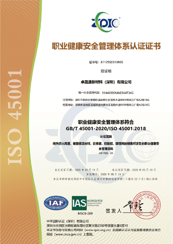 职业健康安全管理体系认证证书
